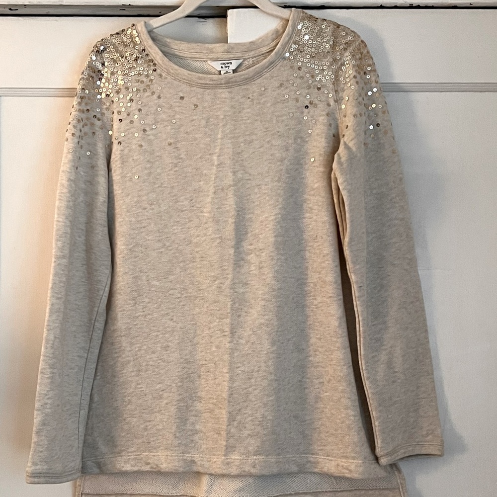 Crown & Ivy Women’s Beige Sparkle Sequins Pullover Sweater Long Sleeves Medium